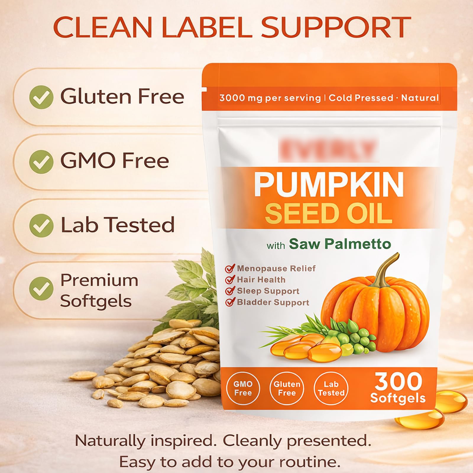 Everly Pumpkin Seed Oil with Saw Palmetto, Cold Pressed Pumpkin Seed oil,300ct