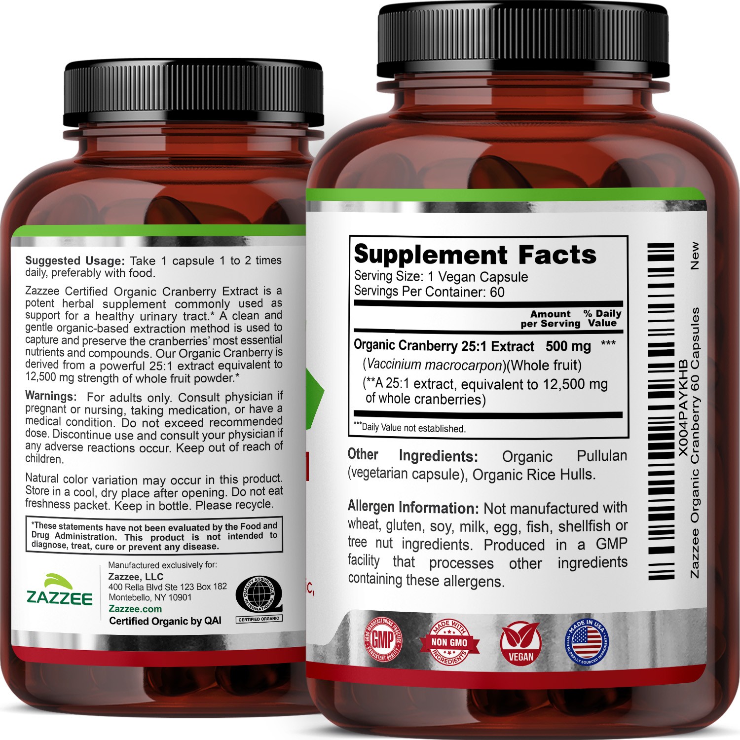 USDA Organic Cranberry 25:1 Extract, 500 mg per Capsule, 60 Vegan Capsules