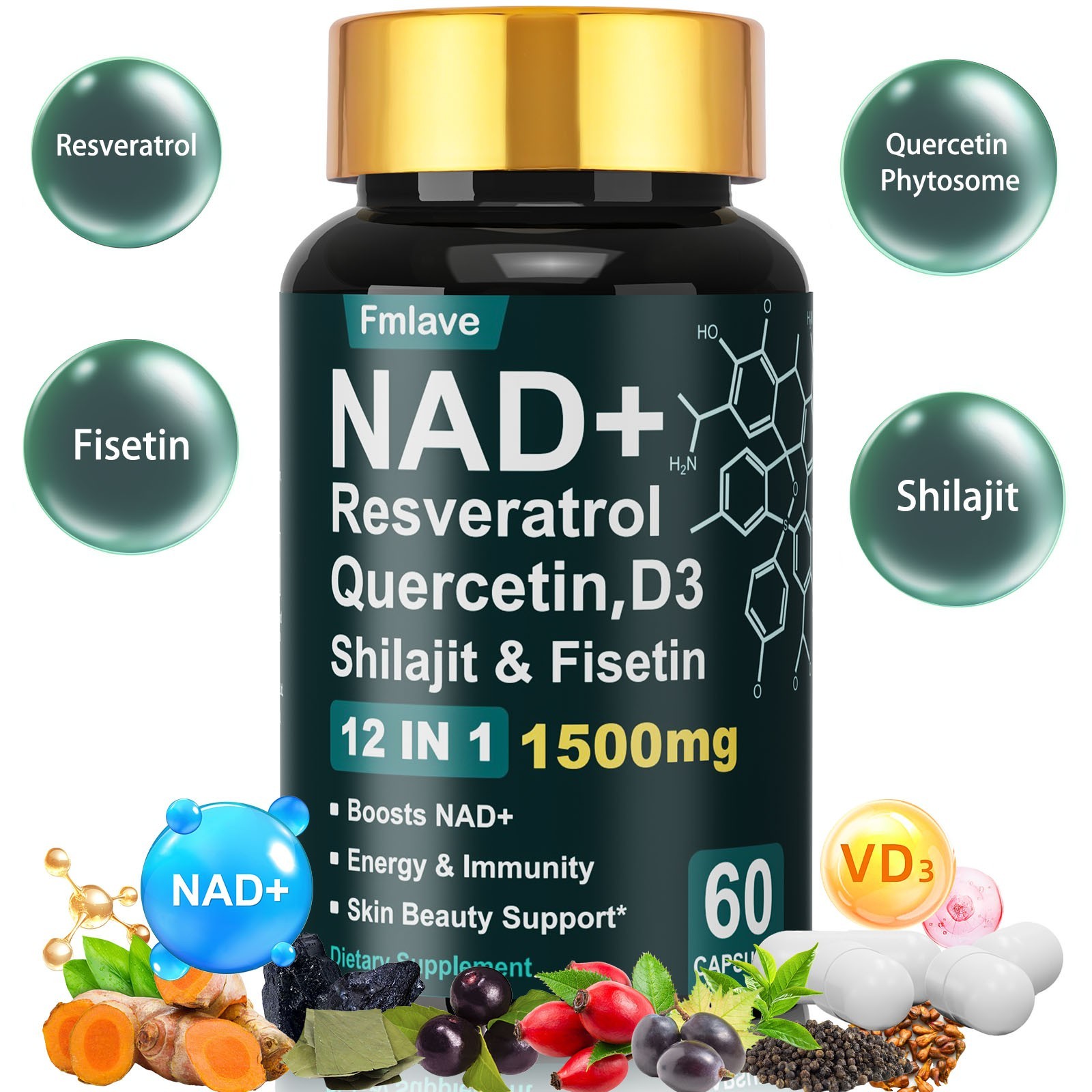 NAD+ Supplement 1500mg with Resveratrol | Cellular Health & Energy | 60 Capsules