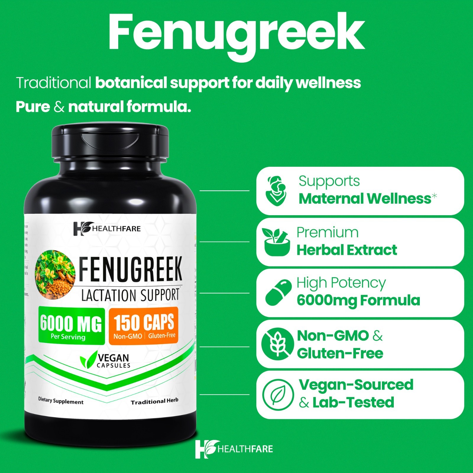 Healthfare Fenugreek Supplement Capsules, 6000mg | 150 Veg Capsules
