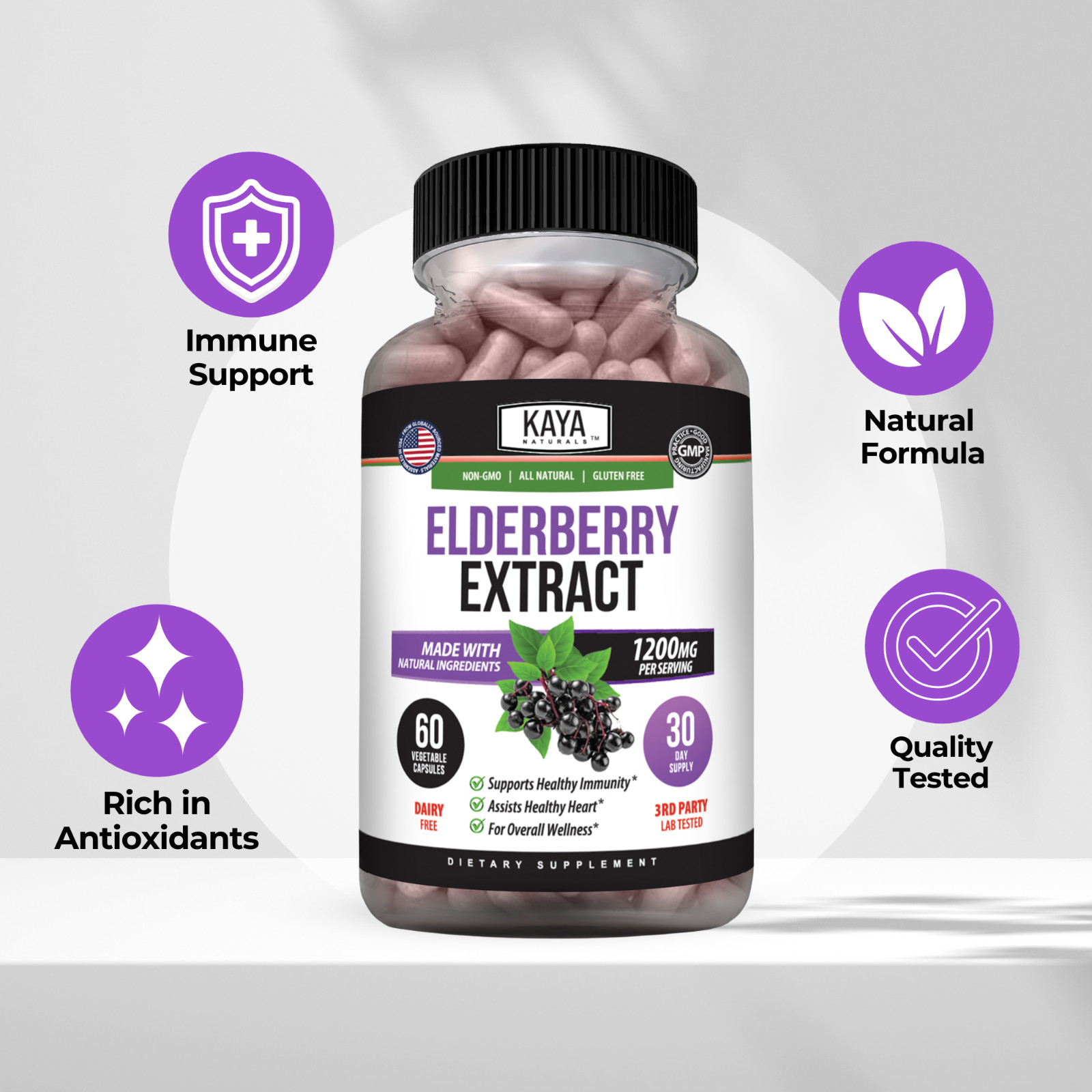 Immune Support 60Ct, Elderberry, Daily Immune and Antioxidants, 1200 mg Capsules
