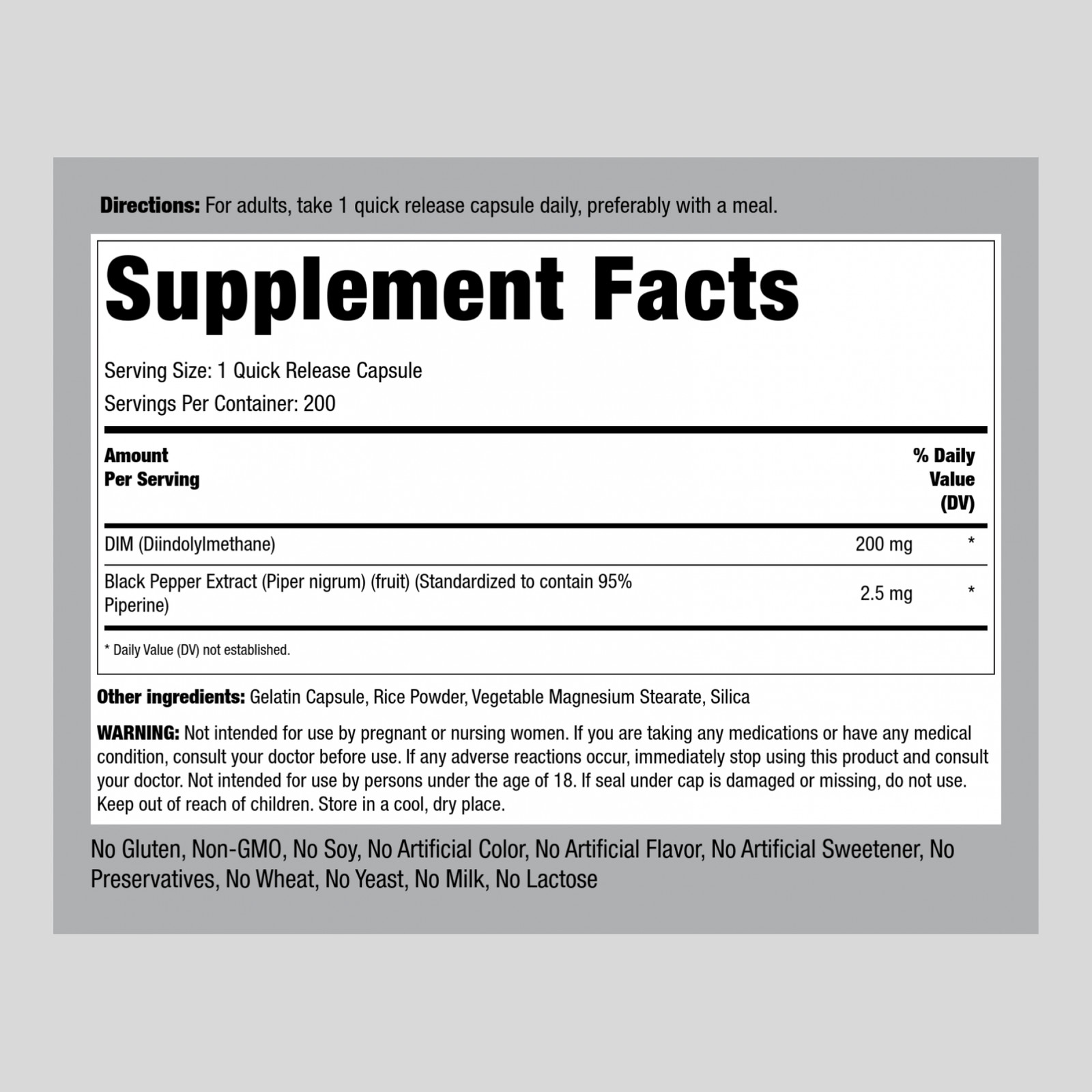 DIM Supplement 200 mg | 200 Capsules | Non-GMO, Gluten Free | By Piping Rock