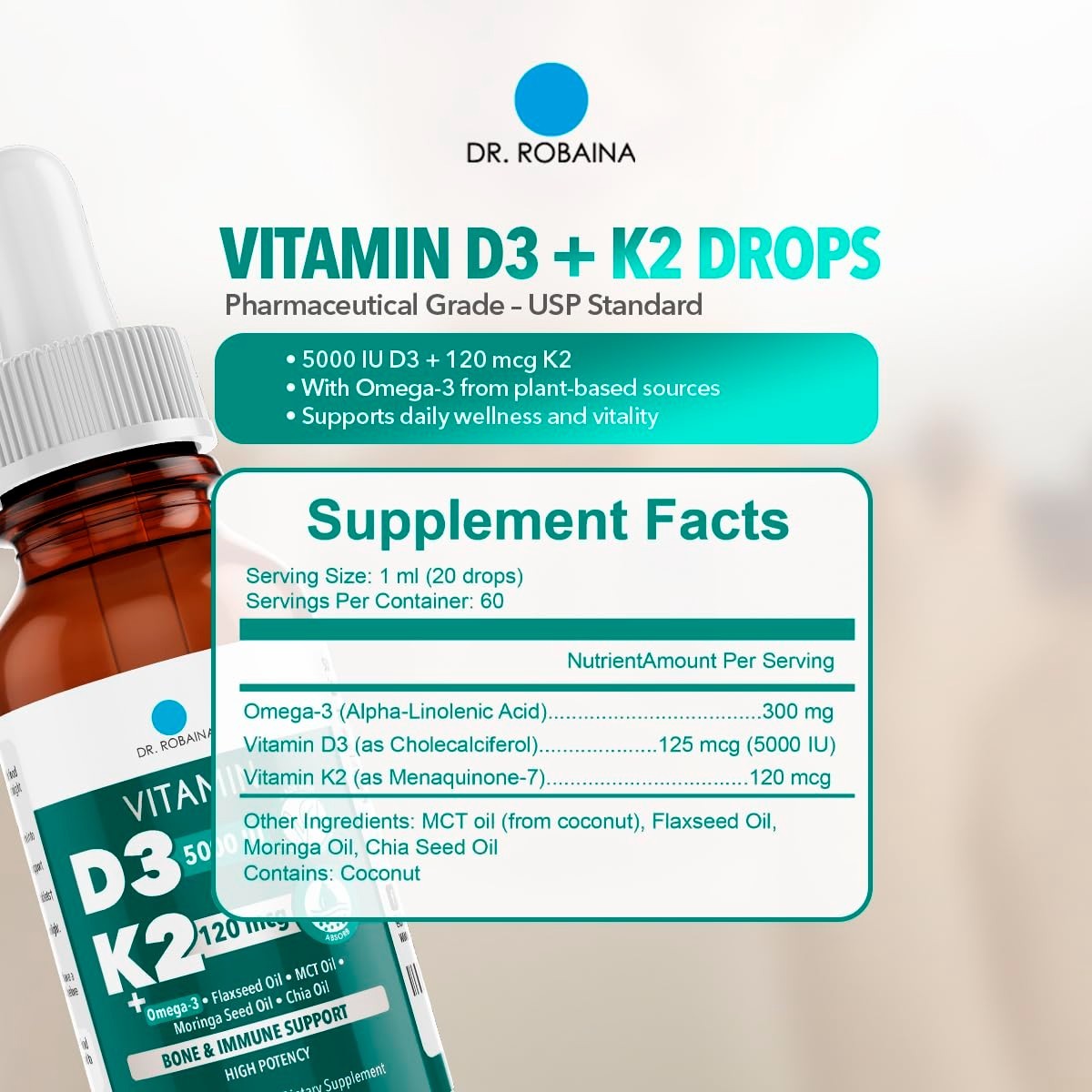 Vegan Vitamin D3 + K2 Drops – 5000 IU D3 & 120 mcg MK-7, Liquid MCT Oil Suppleme