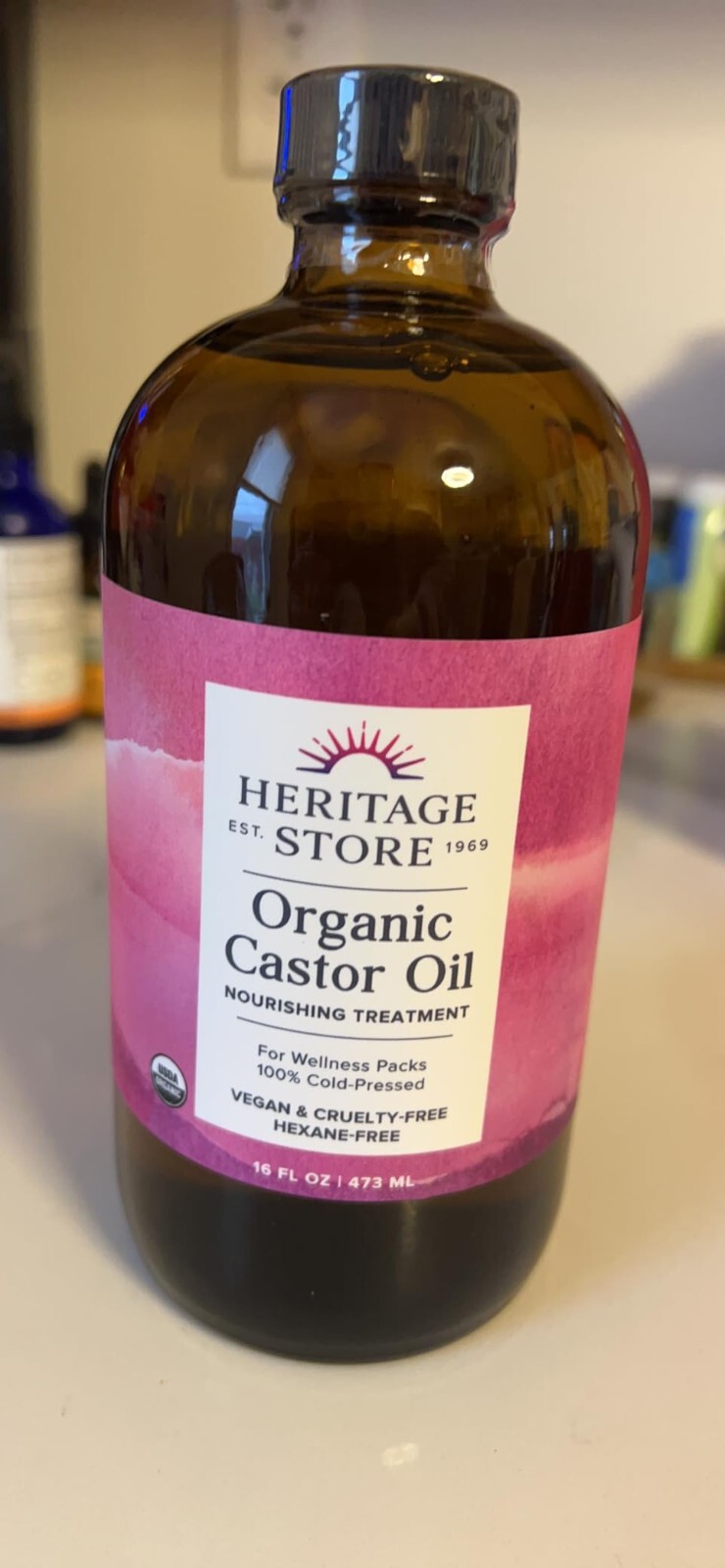 Heritage Store Organic Castor, Glass Bottle, Cold Pressed, Rich Hydration, 16oz