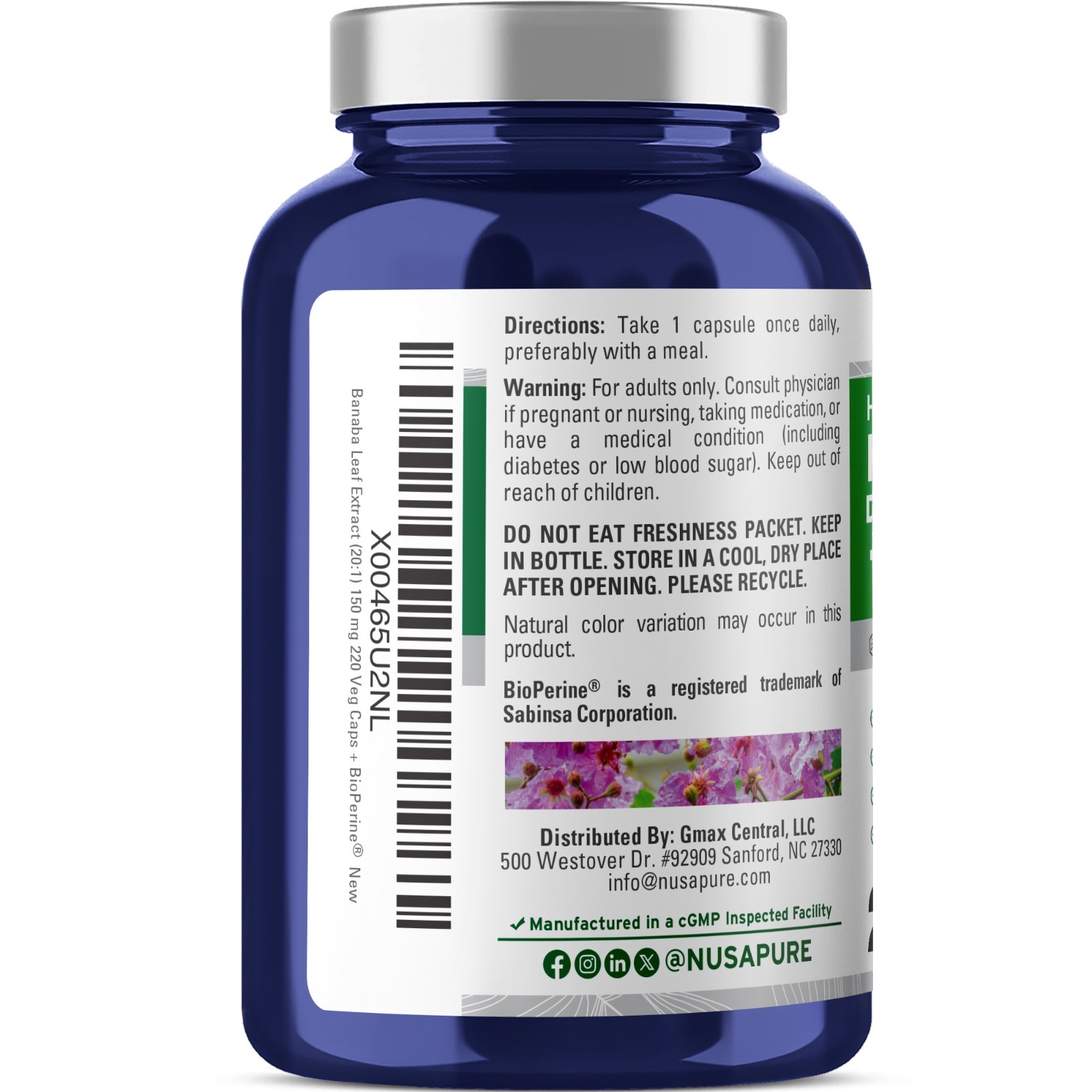 NusaPure Banaba Leaf Extract 3000 mg, 220 Veg Caps, 220 Days Supply, Non-GMO