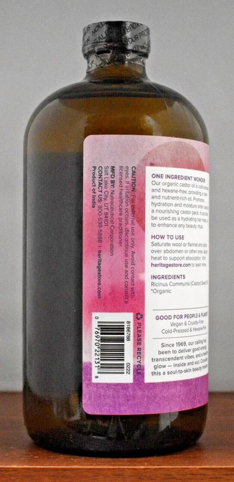 Heritage Store Organic Castor Oil – 32 fl oz (946 ml) – Glass Bottle – Pack of 2