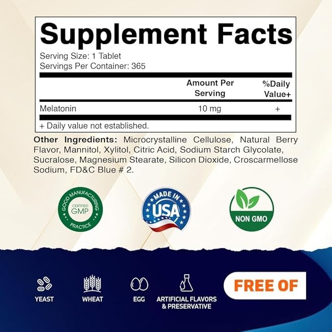 Vitamatic Melatonin 10 mg Tablets | Vegetarian, Non-GMO, Gluten-Free 365 Tablets