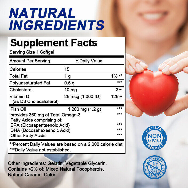 120Pcs Omega 3 Fish Oil+Vitamin D3 Pills 1200mg 3x Strength High Potency