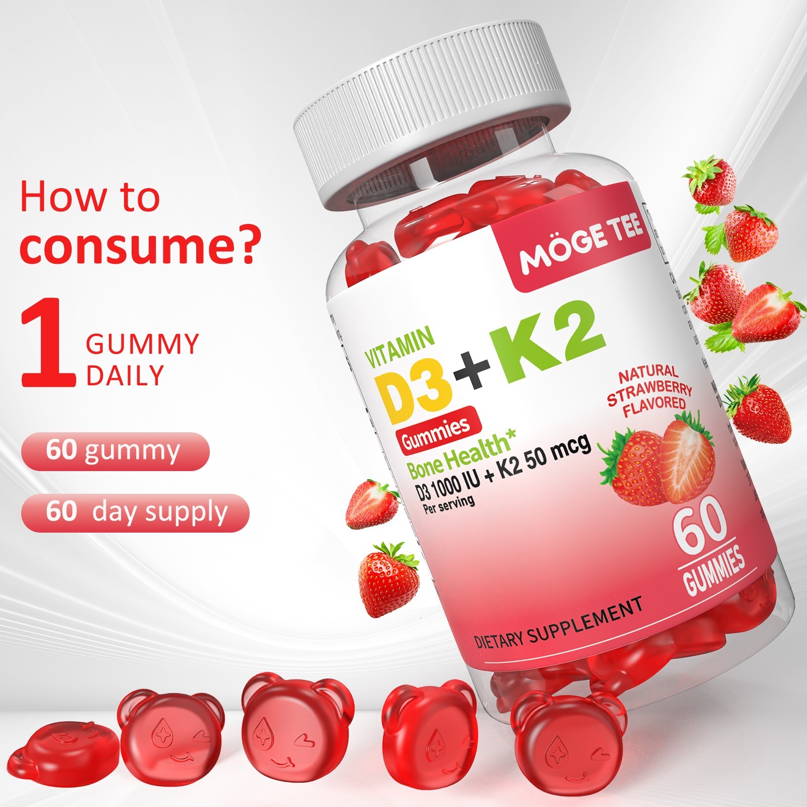 Vitamin K2 D3 Gummies Bone Immune Support Non-GMO 60-240 Count Strawberry Flavor