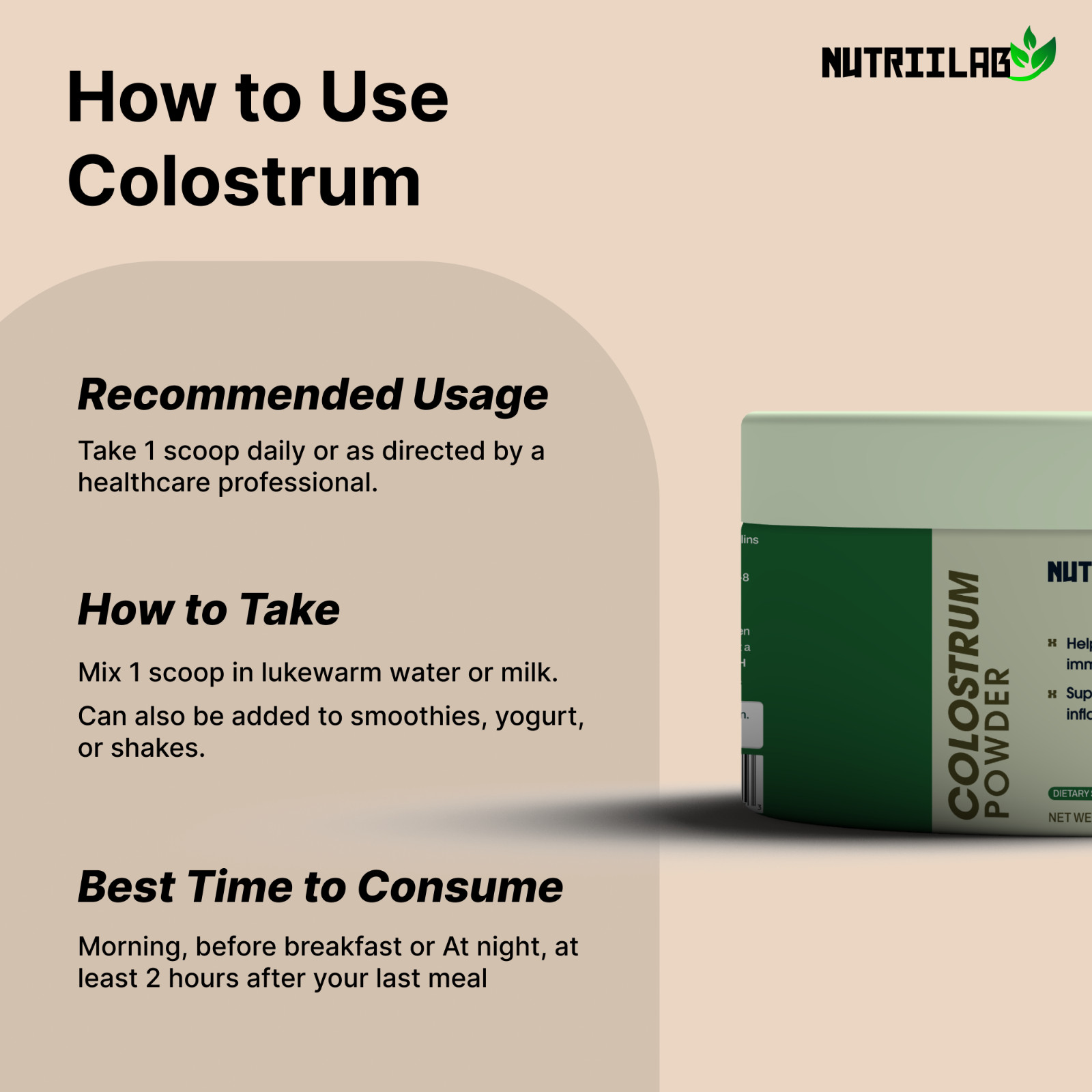 NutriiLab Bovine Colostrum Powder 2500mg IgG Immune Gut Health 30 Day Supply