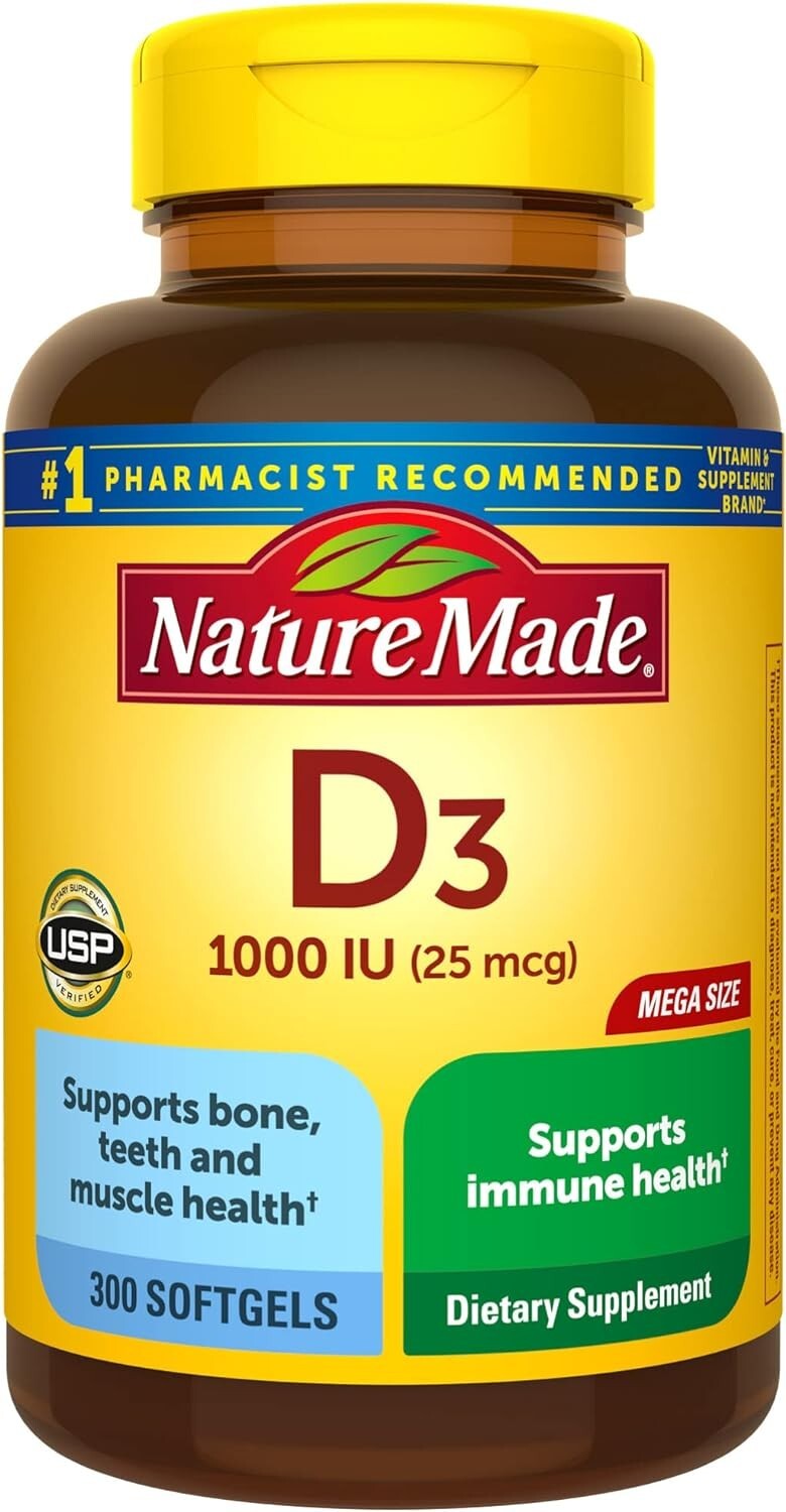 Nature Made Vitamin D3 1000 IU (25 mcg) Softgel, Dietary Supplement for Bone, Te