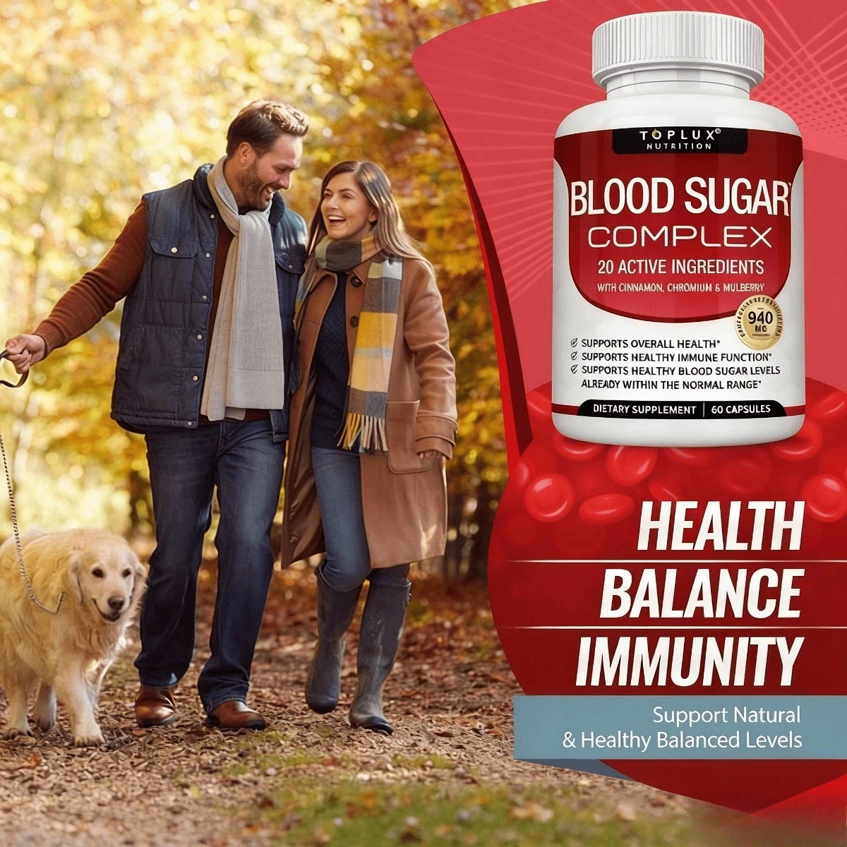 Blood Sugar Balance Blend,Toplux with 20 Herb & Vitamin Blend, Vegan, 60 Caps