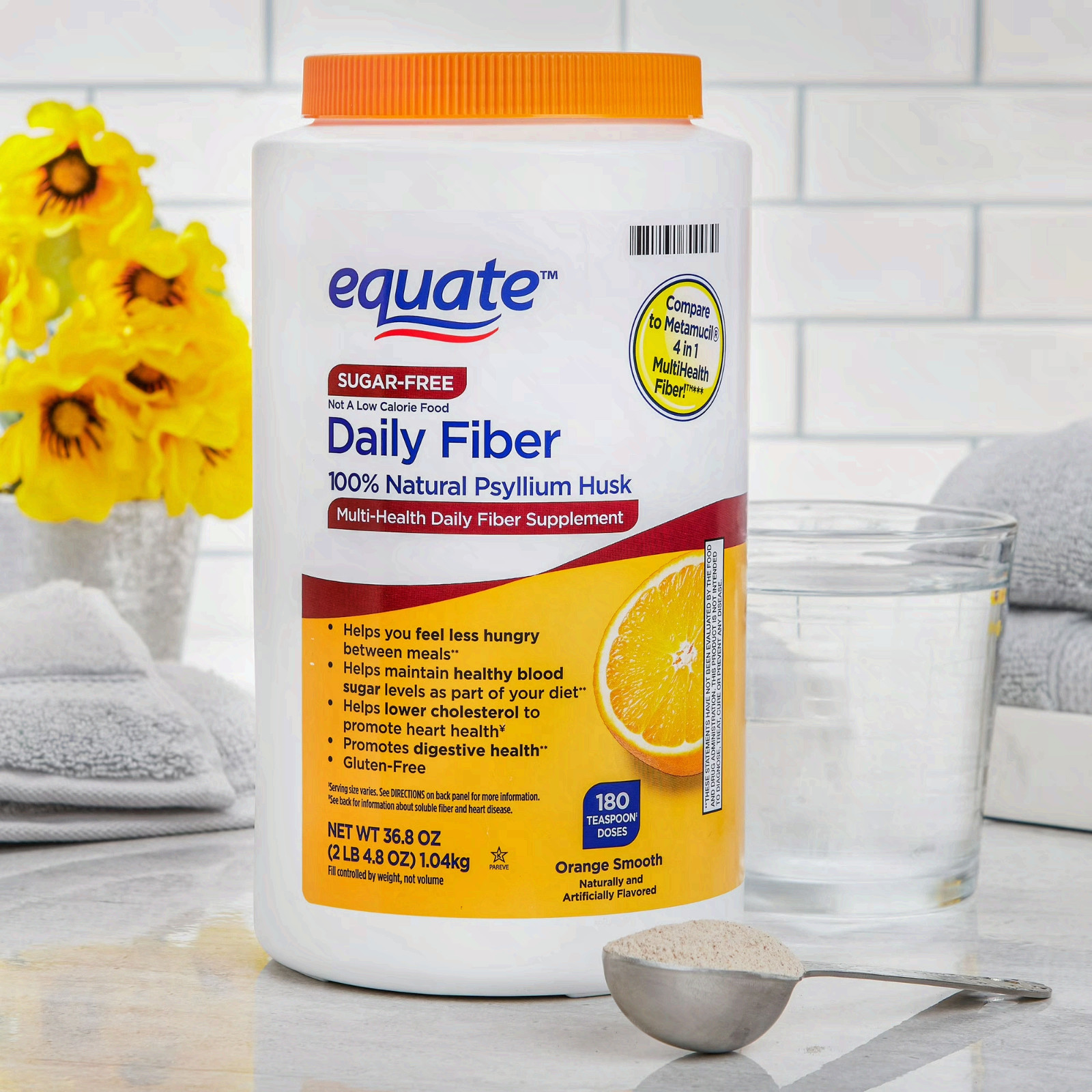 Equate Sugar-Free Daily Fiber Powder Orange Smooth, 36.8 oz x 2 pack