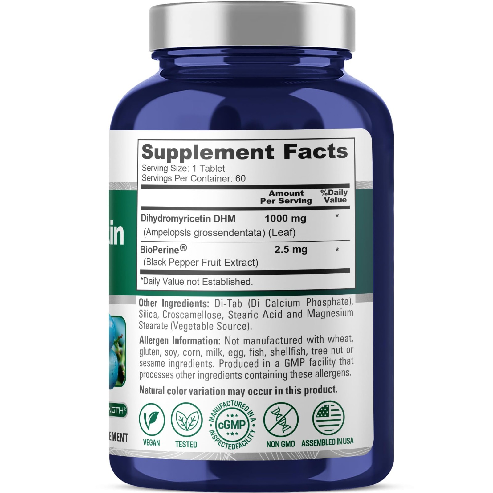 Dihydromyricetin (DHM) 1000mg – 60 Veggie Tablets, Non-GMO, 100% Vegetarian Supp