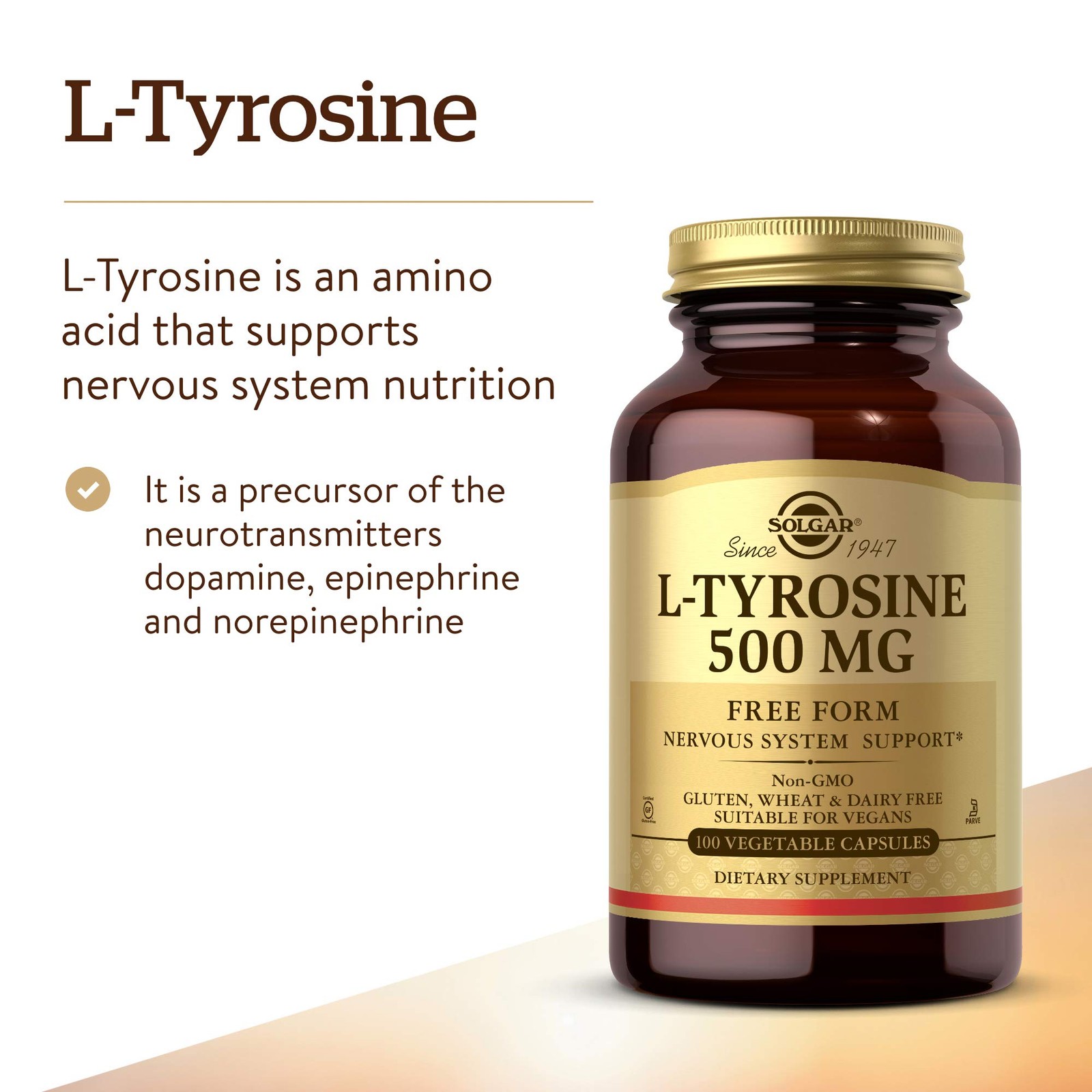 Solgar L-Tyrosine 500 mg, 100 100 Count (Pack of 1), Standard Packaging