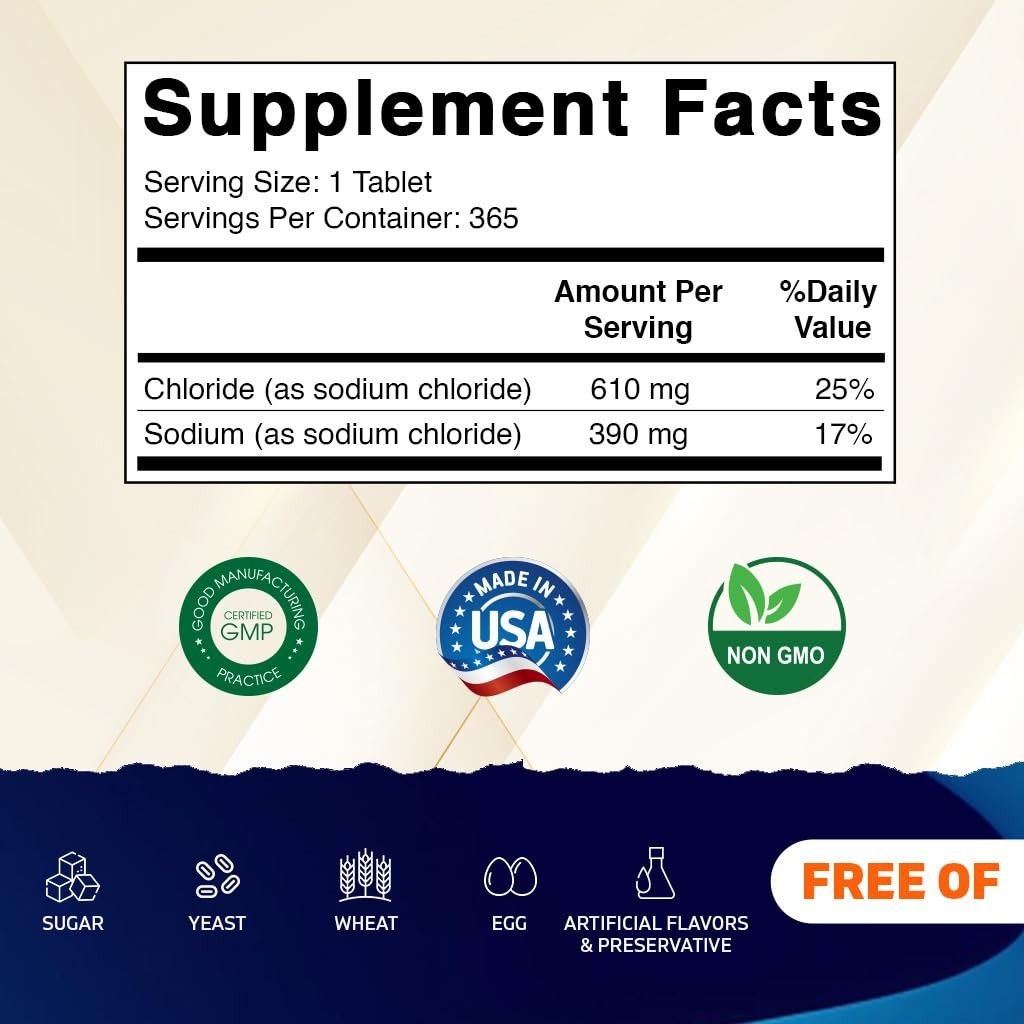 Sodium Chloride 1000mg – 365 Tablets Electrolyte Replenisher & Hydration Support