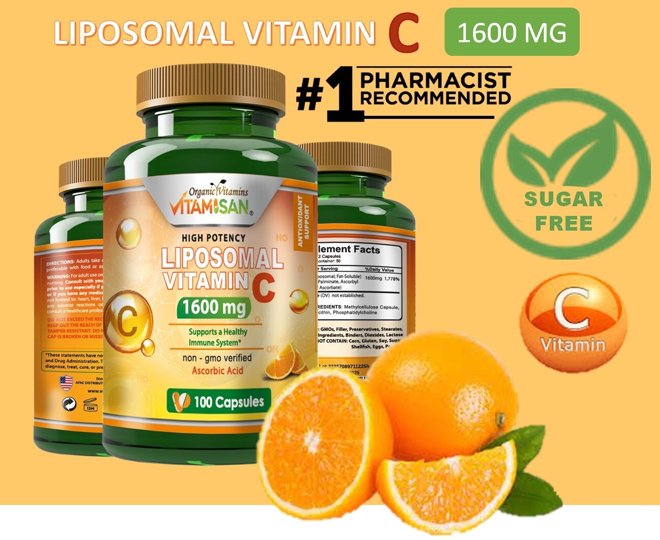 Vitamin C 1600mg 200 capsules Liposomal HIgh Ascorbic Acid vitamina C 2 bottles