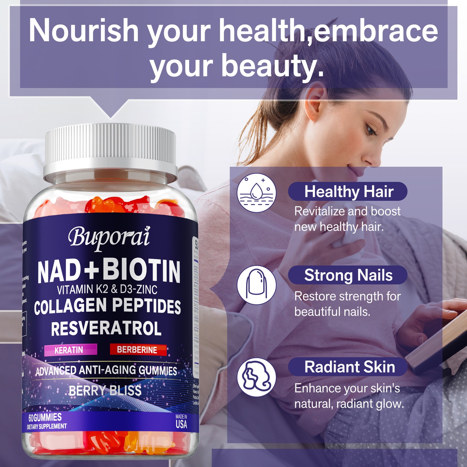 NAD+ Biotin – Resveratrol,Collagen – Promotes Healthy Hair, Nail Growth,and Skin