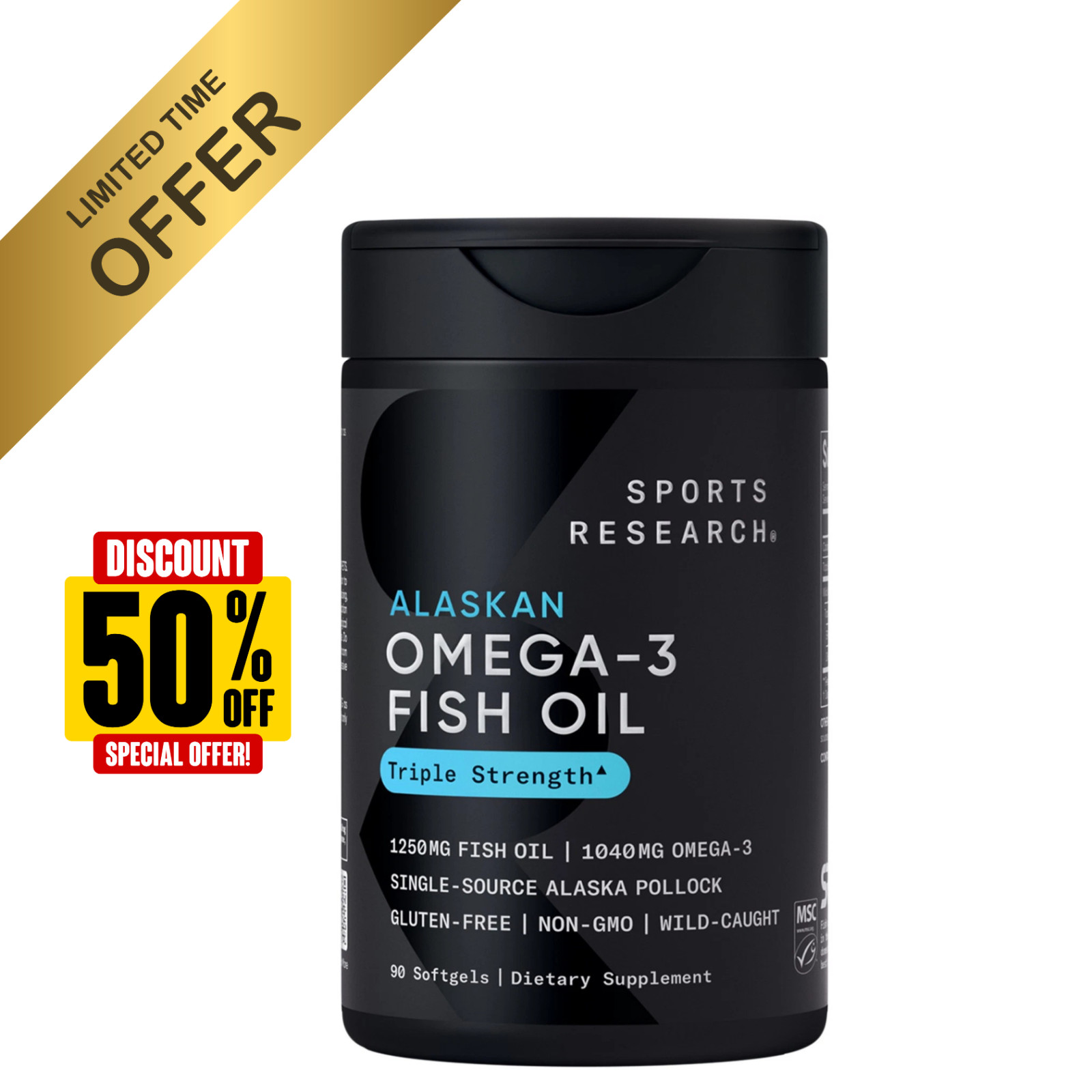 Triple Strength Omega 3 Fish Oil Burpless Supplement EPA DHA Fatty Acids 90 ct