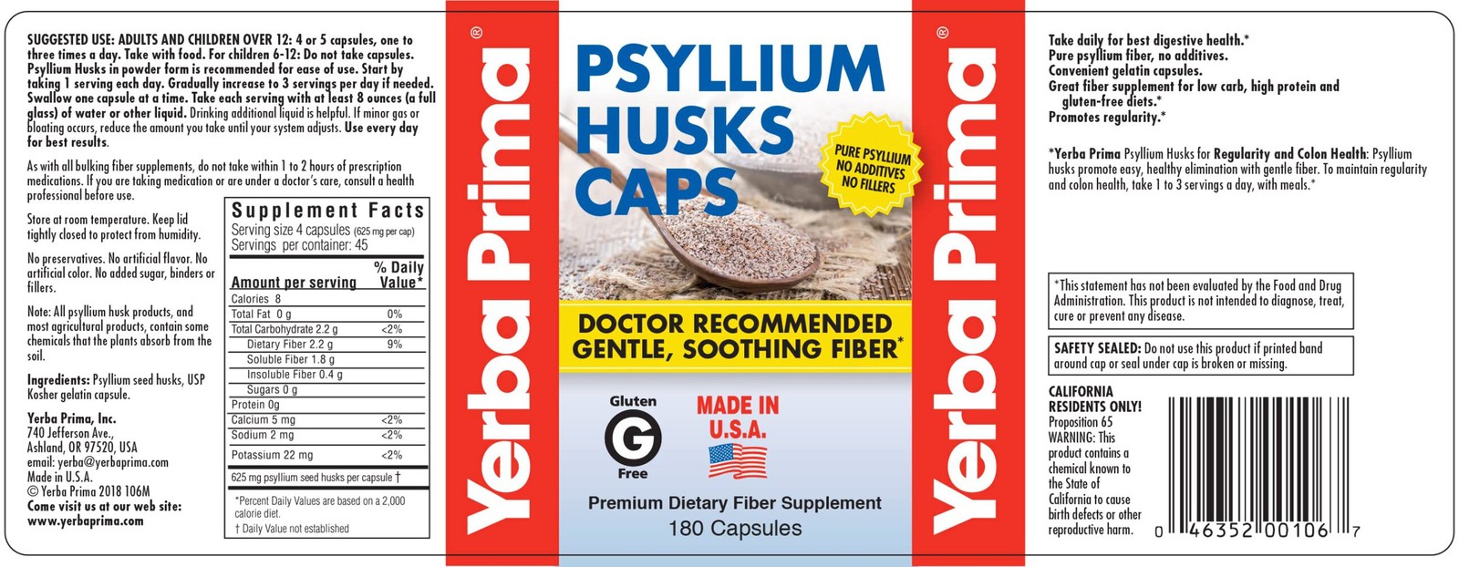 2x Yerba Prima Psyllium Husks Caps Dietary Fiber 625 mg, 180 Capsules – Colon Cl