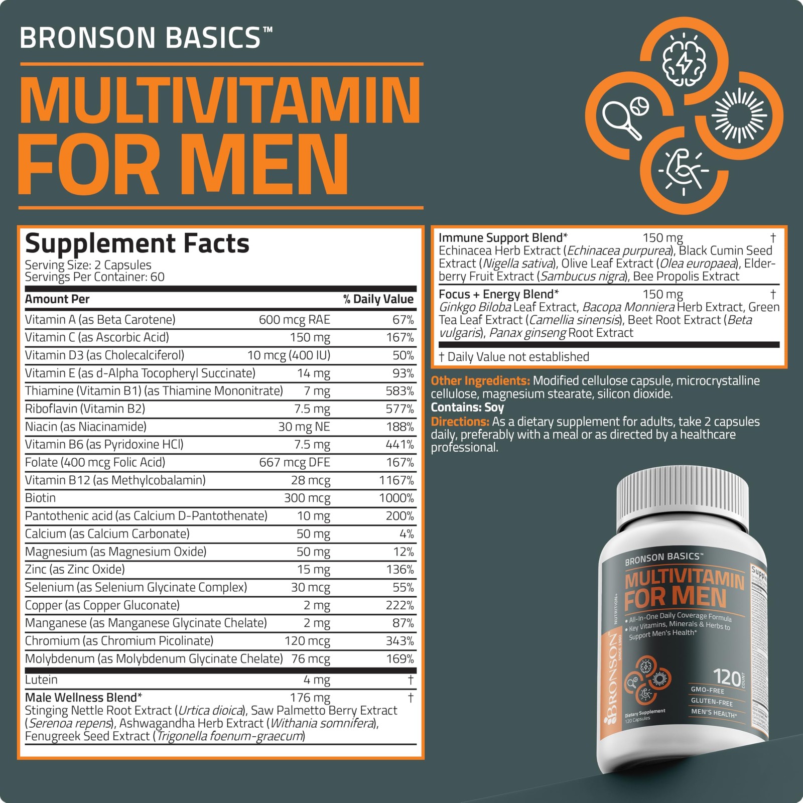 Bronson Multivitamin for Men All-in-One Daily Coverage 120 Count (Pack of 1)