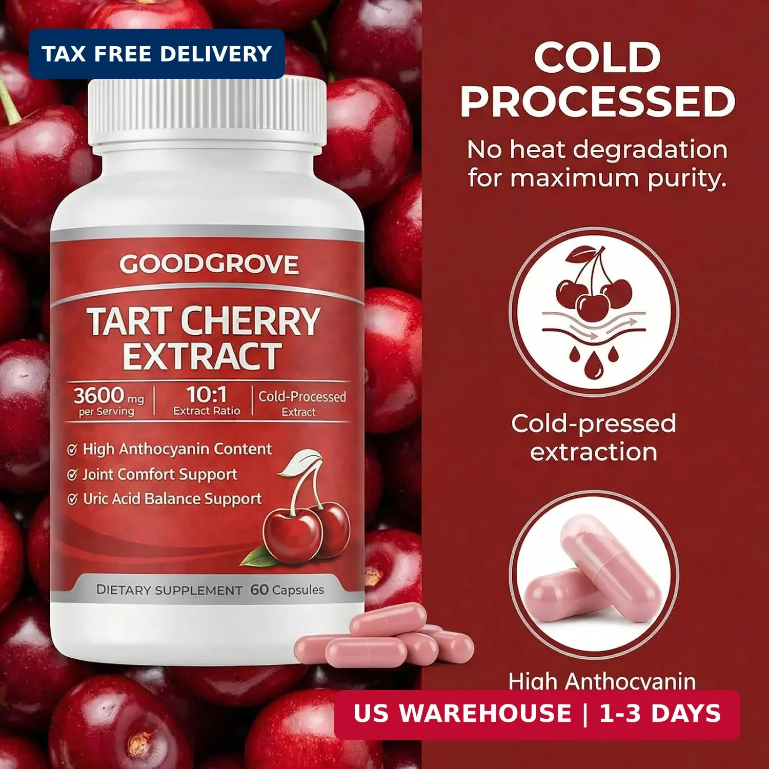Tart Cherry Extract Capsules 3600mg Joint Support Supplement 60 Count Pack