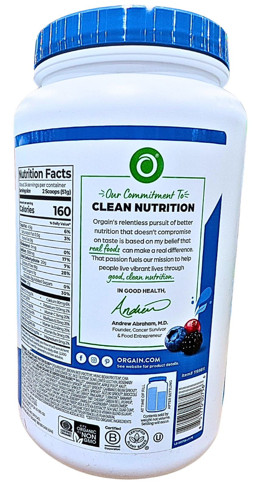 Orgain Organic Protein & Superfoods Vanilla Bean Flavor 2.7 Lbs EXP 01/2027
