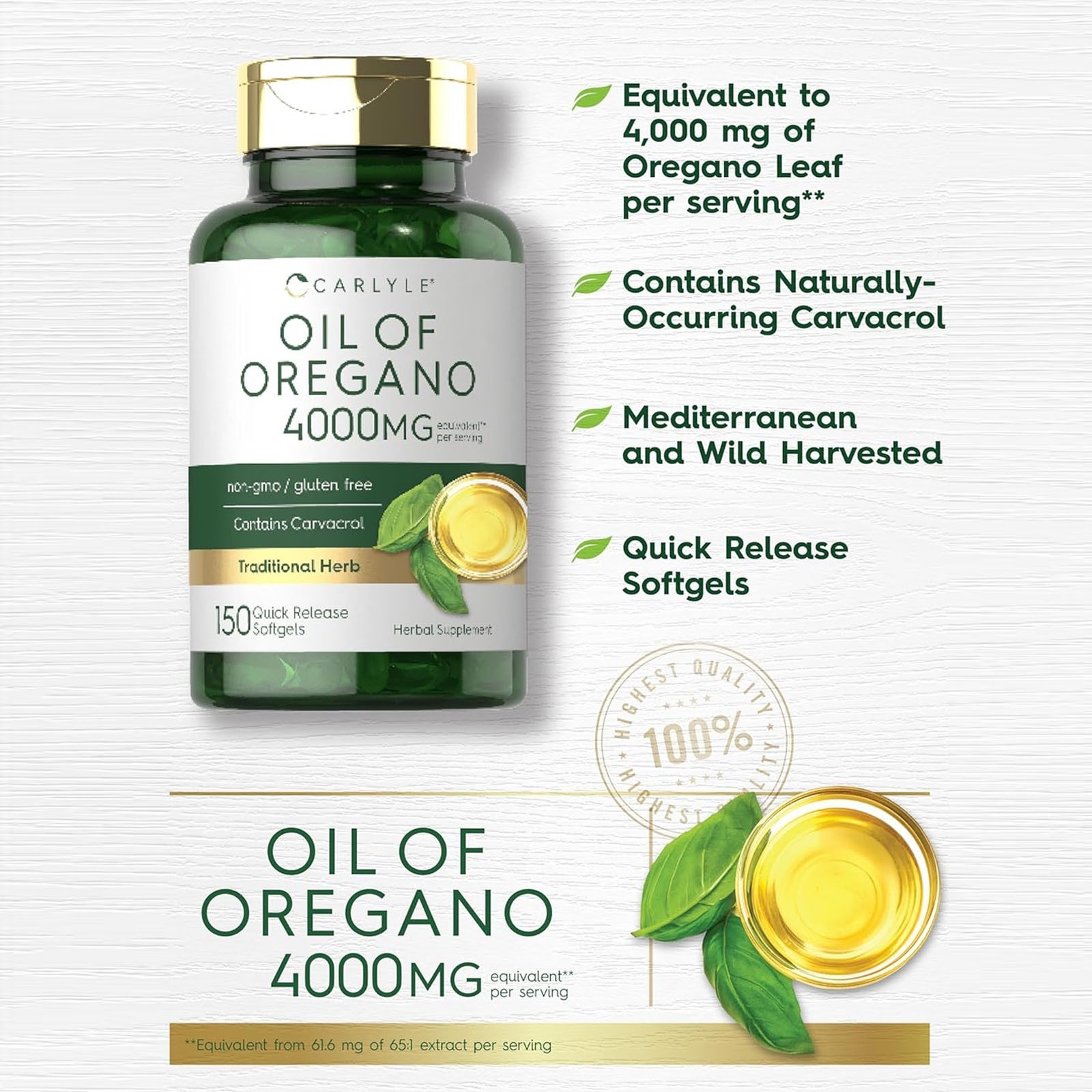 Carlyle 400mg Oregano Oil Softgels | 150 Count, with Carvacrol, Non-GMO Gluten F