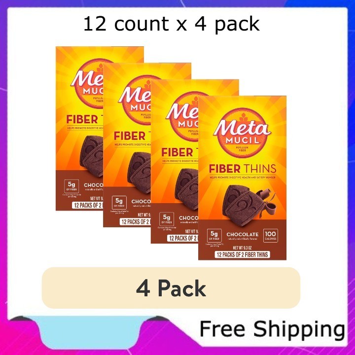 (4 pack) Metamucil Fiber Thins, Chocolate, Psyllium Husk Fiber Snack