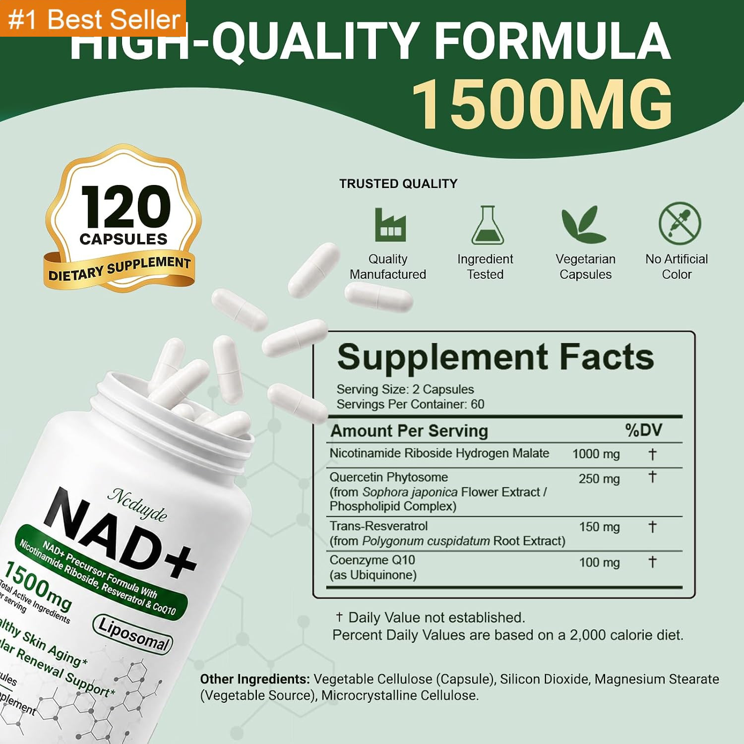 NAD+ Supplement, Liposomal NAD Nicotinamide Riboside Resveratrol 1500 Mg – Anti-