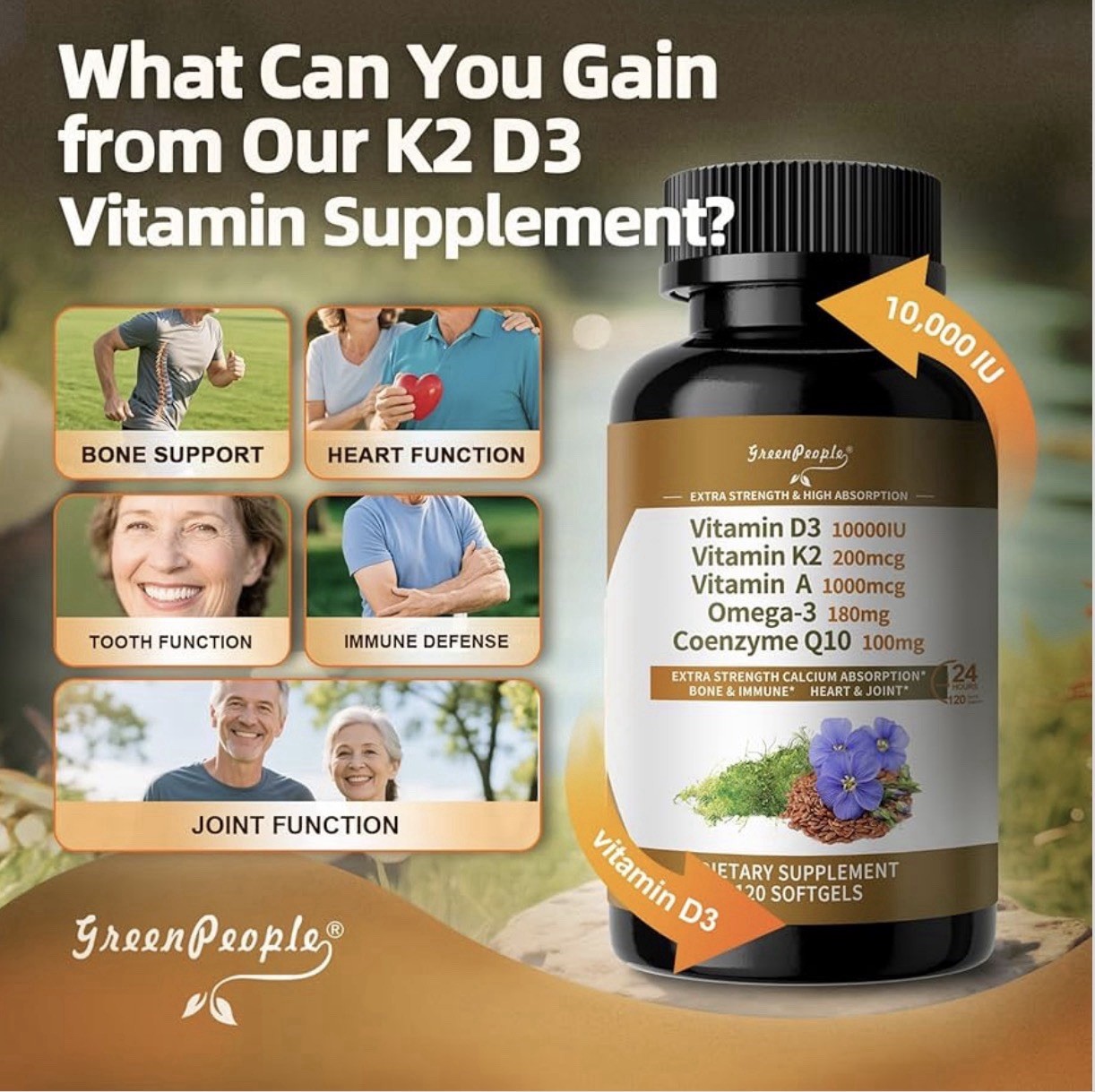 Vitamin D3 K2 Softgel 5-in-1 1000iu, 200 Mcg, Omega-3, CoQ10 – 120 Softgels