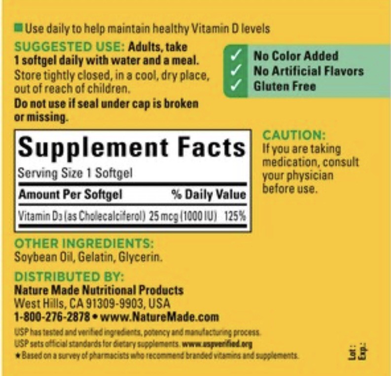 Nature Made Vitamin D3 1000 IU (25mcg), 300ct, SEALED, EXP 12/28, Free Shipping