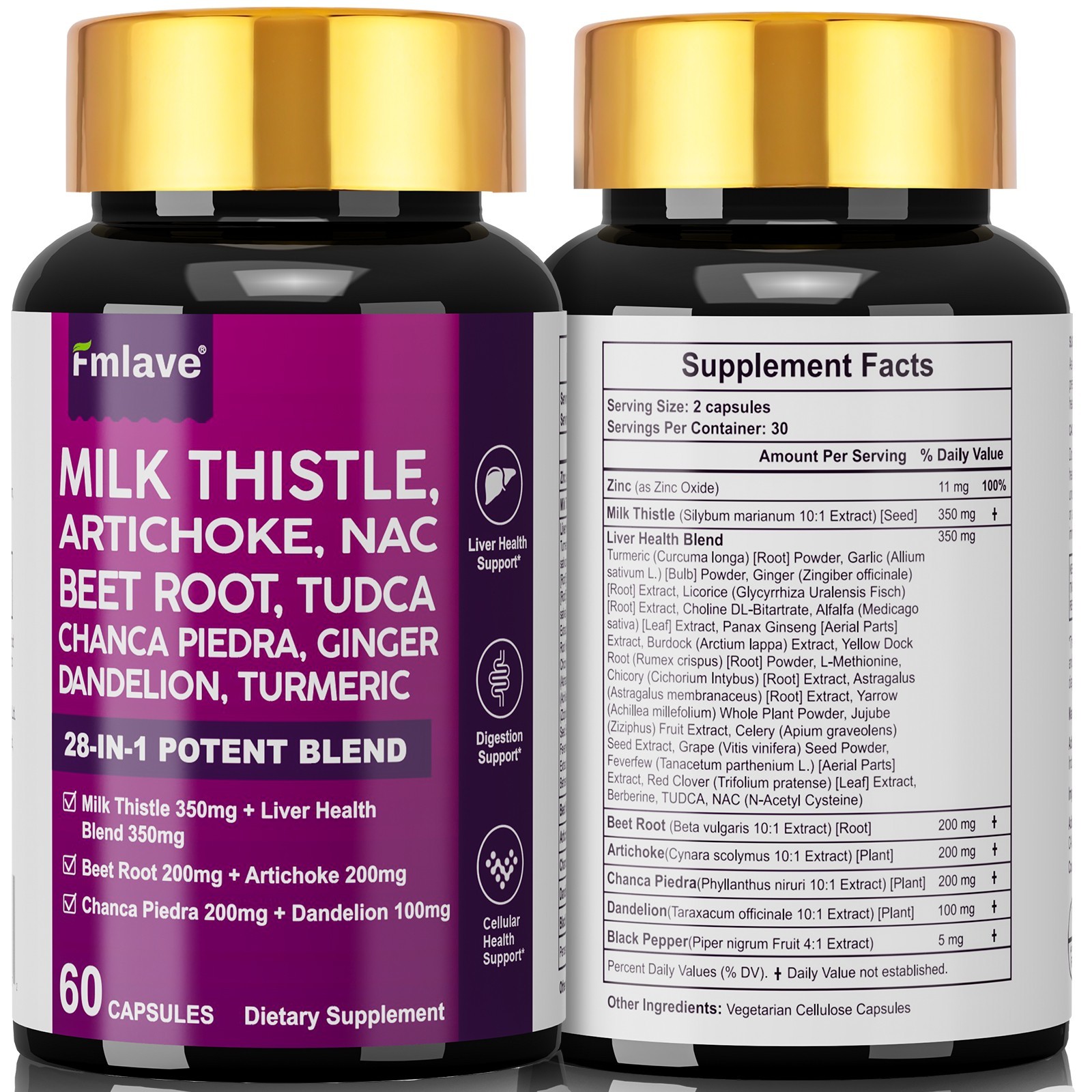 NAC Dandelion TUDCA 60ct Liver Detox Milk Thistle Beet Root Zinc Turmeric Ginger