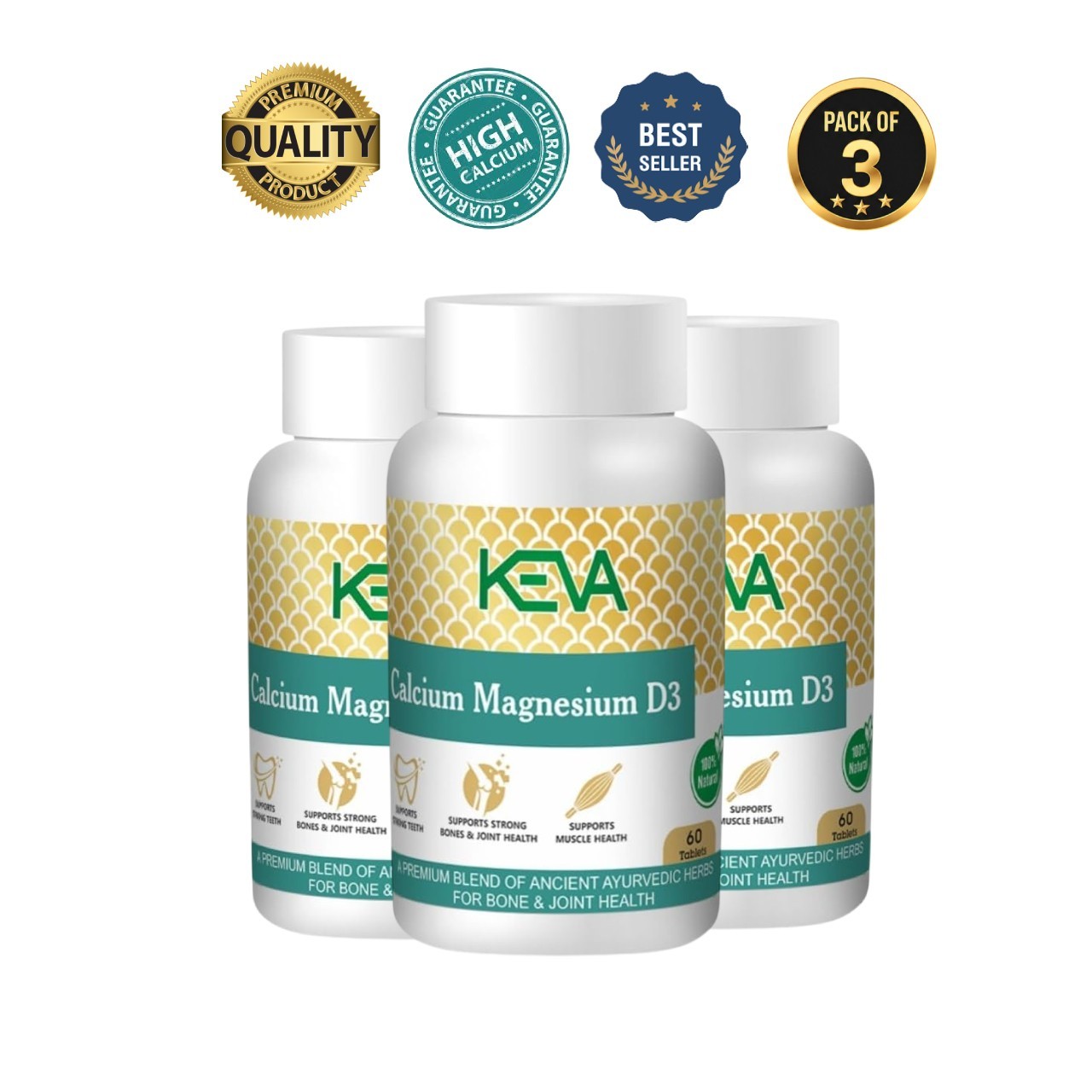 3 Pack KE.VA Calcium Magnesium D3 180 Tablets Daily Use