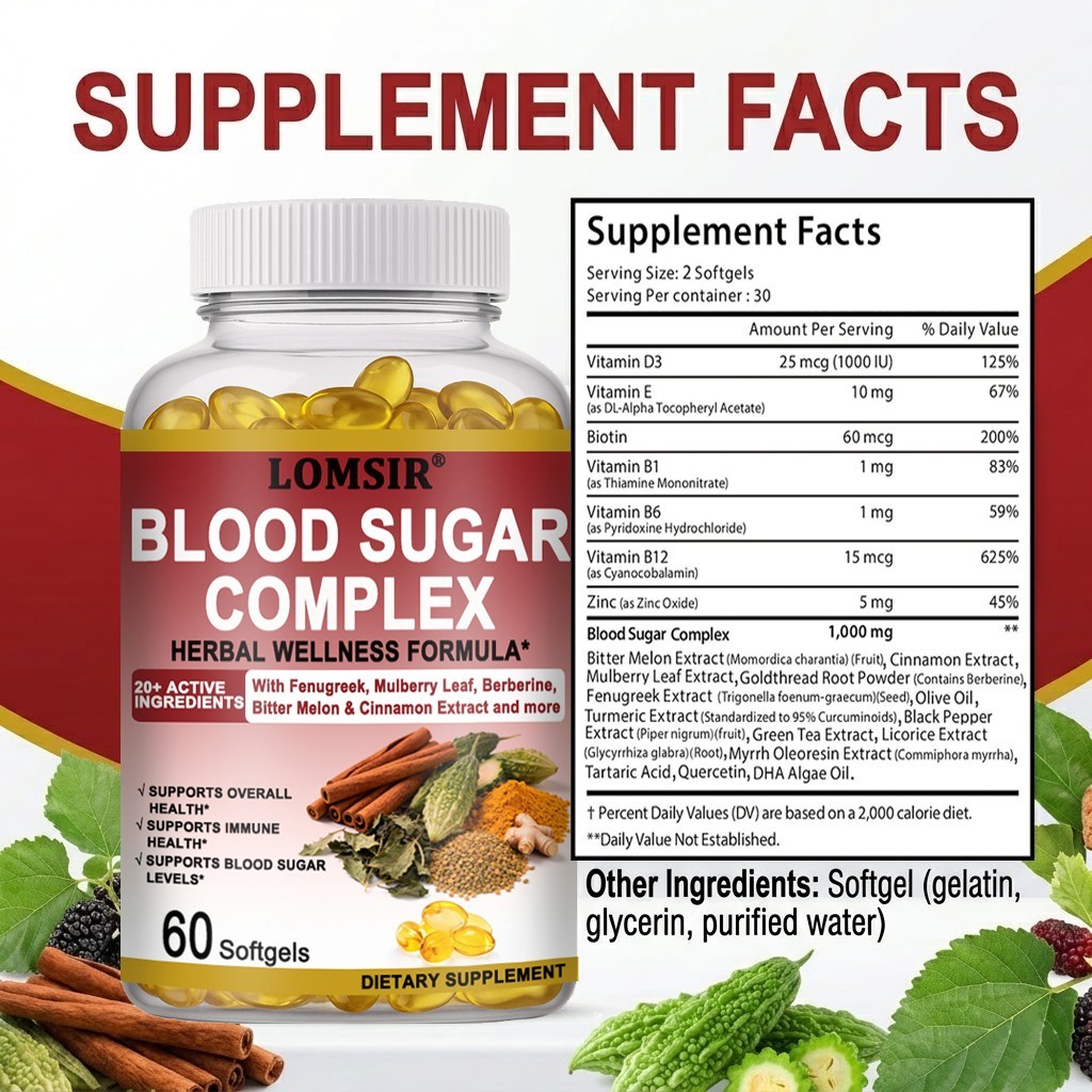 Blood Sugar Complex Supplement, 20+ Natural Herbs Vitality Support – 60 Softgels