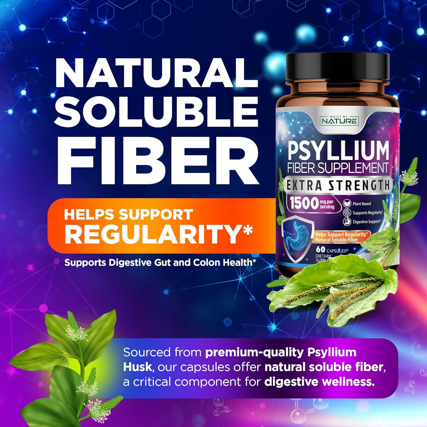 Psyllium Husk Capsules 2000Mg – Fiber Supplement – Natural Soluble Fiber Pills w
