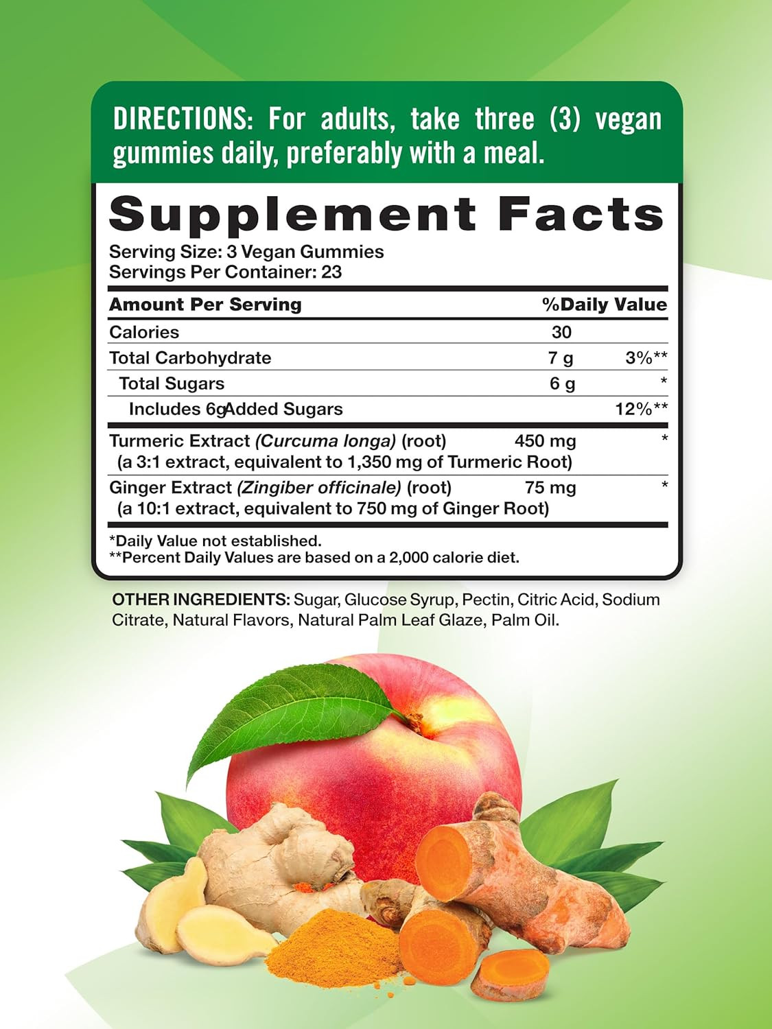 Turmeric and Ginger Gummies | 70 Count | Peach Flavor | Vegan, Non-Gmo, & Gluten