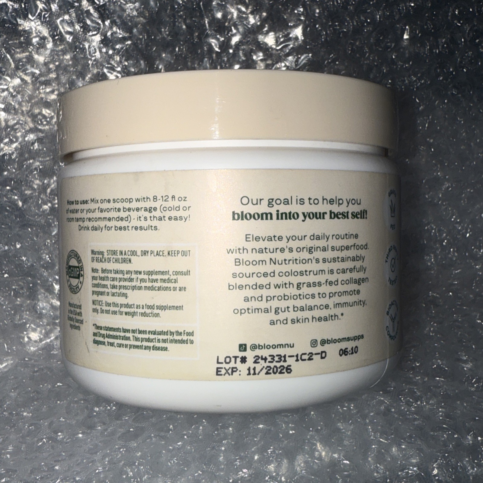 Bloom Colostrum & Collagen Peptides Orange Cream 4.23 Oz EXP 11/2026