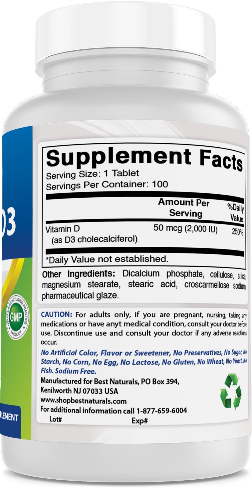 2 Pack Best Naturals Vitamin D3 2000 IU 100 Tablets
