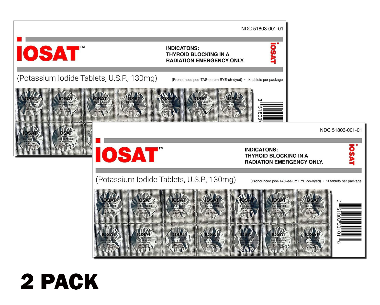 Anti Radiation Iosat Potassium Iodide Tablets, 130mg Adults 2PACK 14 Tablets EA