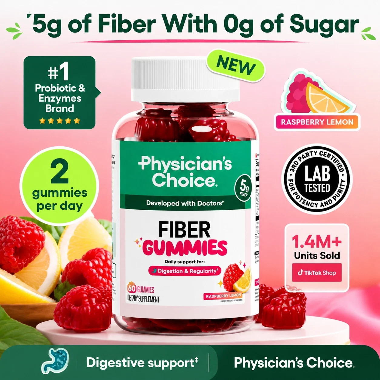 Physician’s Choice Prebiotic Fiber Gummies 5g, Zero Sugar Vegan, Supports Gut Re