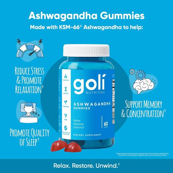 Goli Nutrition Ashwagandha Vegan Gummies – 60ct: 150mg Ashwagandha per Serving
