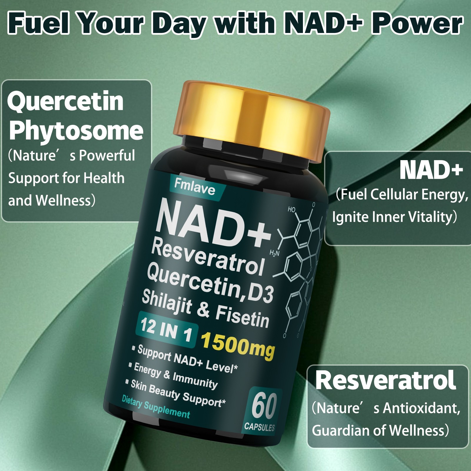 NAD+ Supplement 1500mg with Resveratrol | Cellular Health & Energy | 60 Capsules