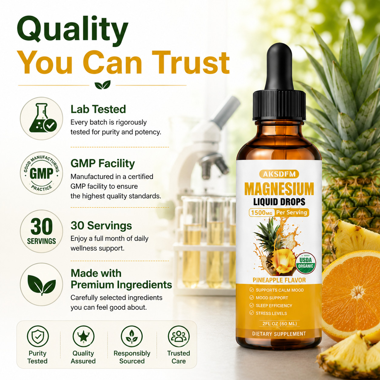 2 Pack Magnesium Liquid Drops 1500mg Pineapple Flavor 60ml Vegan Gluten Free