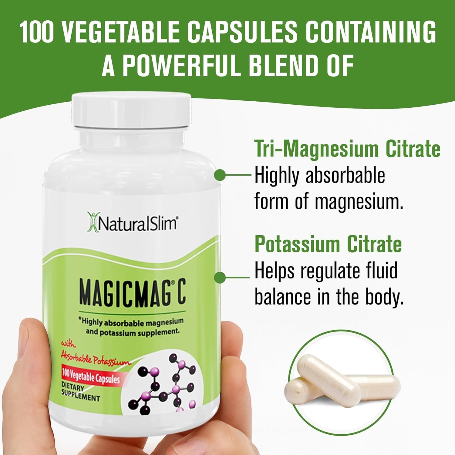 NaturalSlim Potassium Magnesium Supplement 100 Capsules 100 Count (Pack of 1)