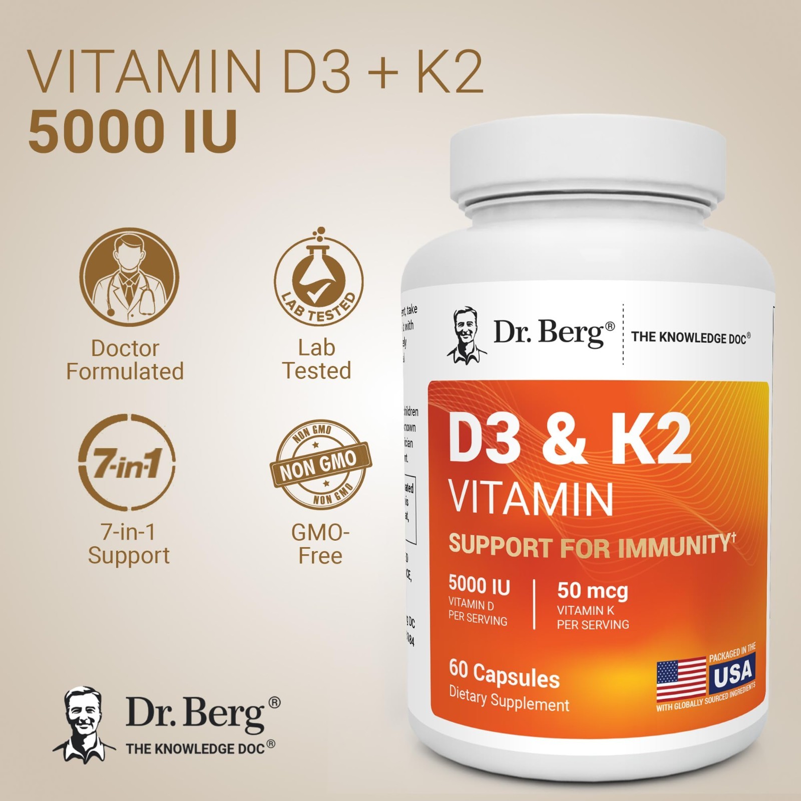 7-in-1 Vitamin D3 K2 5000 IU | High Absorption, Lab-Tested Supplement | 60 Capsu