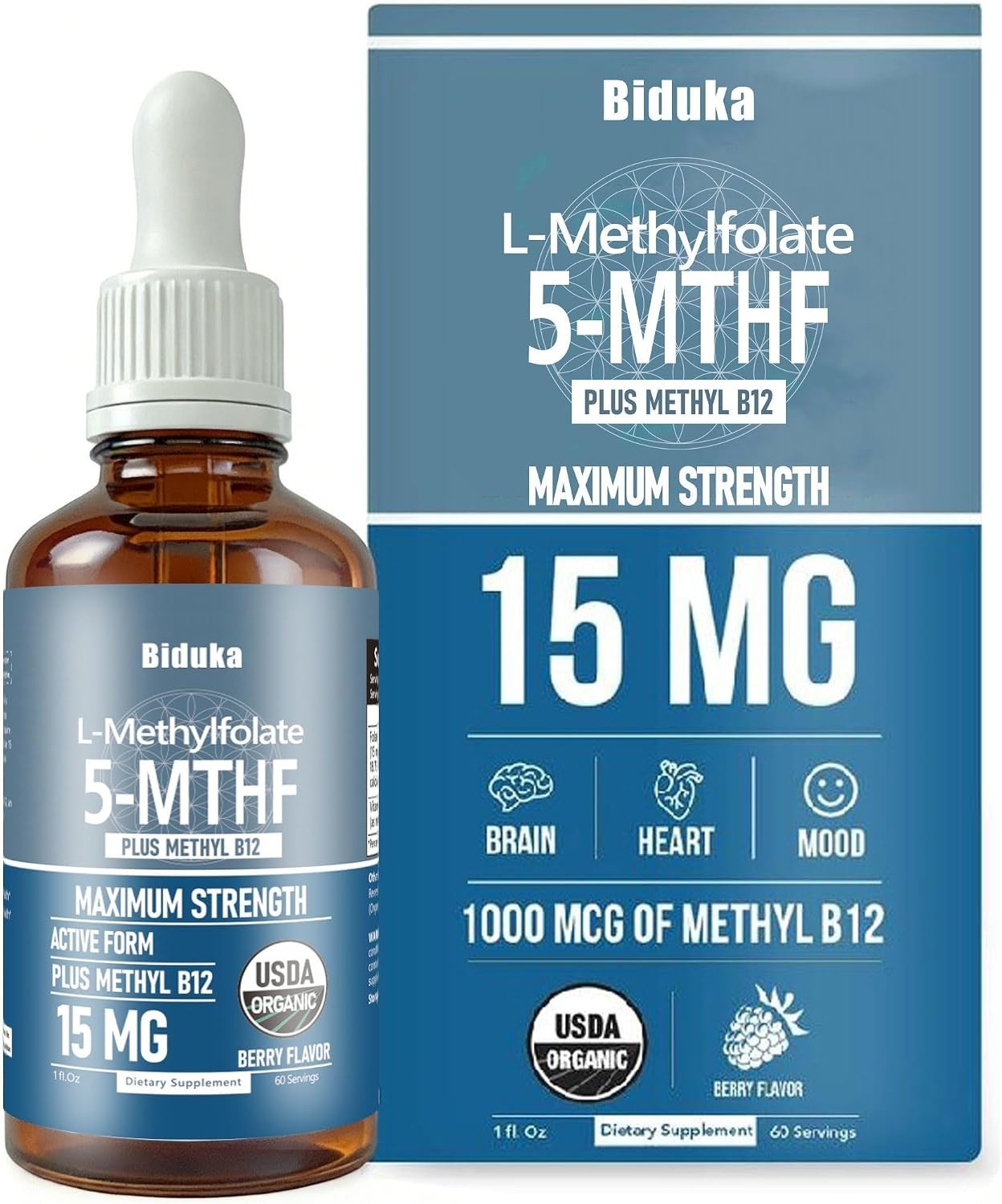 60 Servings Organic L-Methylfolate 15mg + B12 1000mcg Liquid Drops – Gluten Free