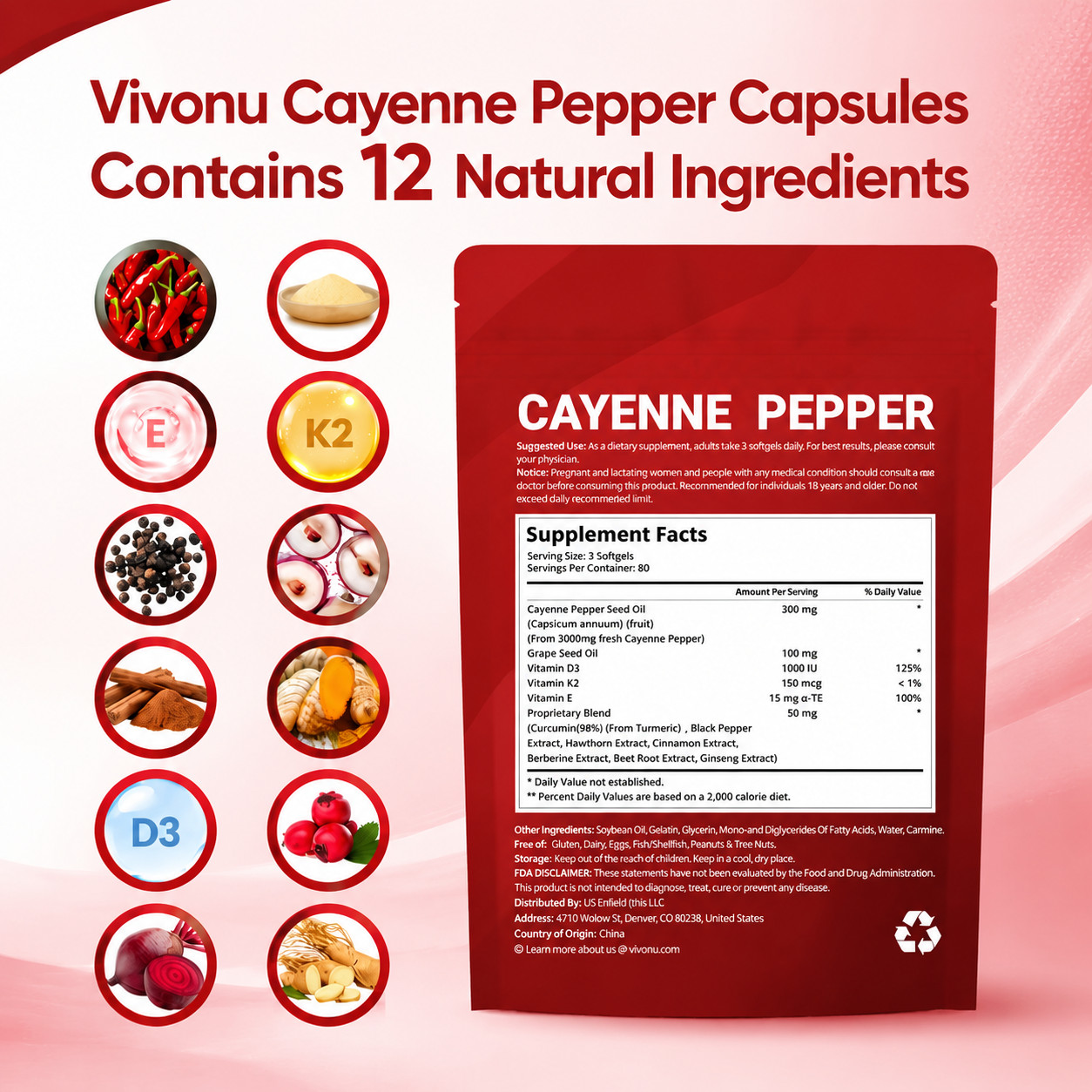 Vivonu 12-in-1 Cayenne Pepper Softgels Heart Circulation D3 K2 Turmeric Beetroot