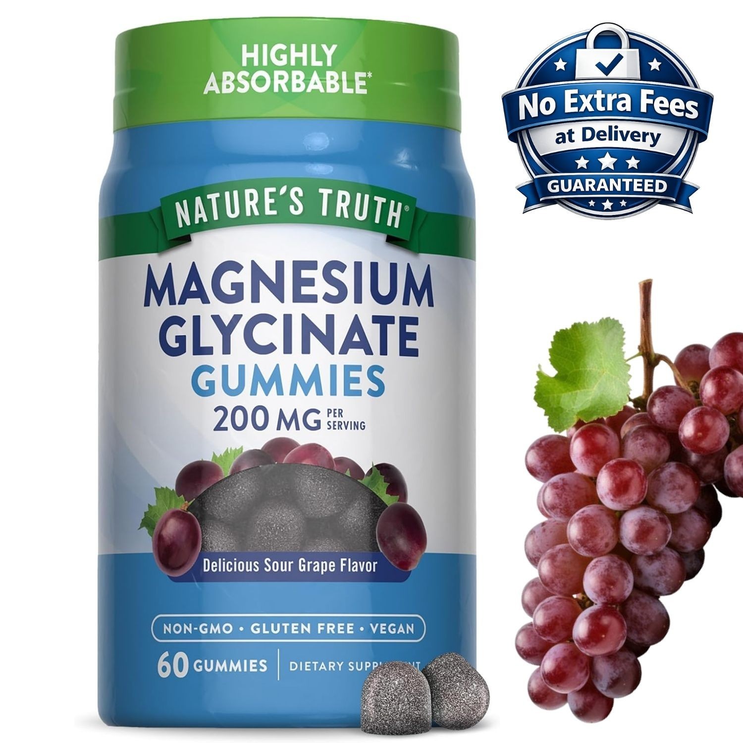 Magnesium Glycinate 200mg 60/120 Gummies Grape Flavor Non-GMO & Gluten Free