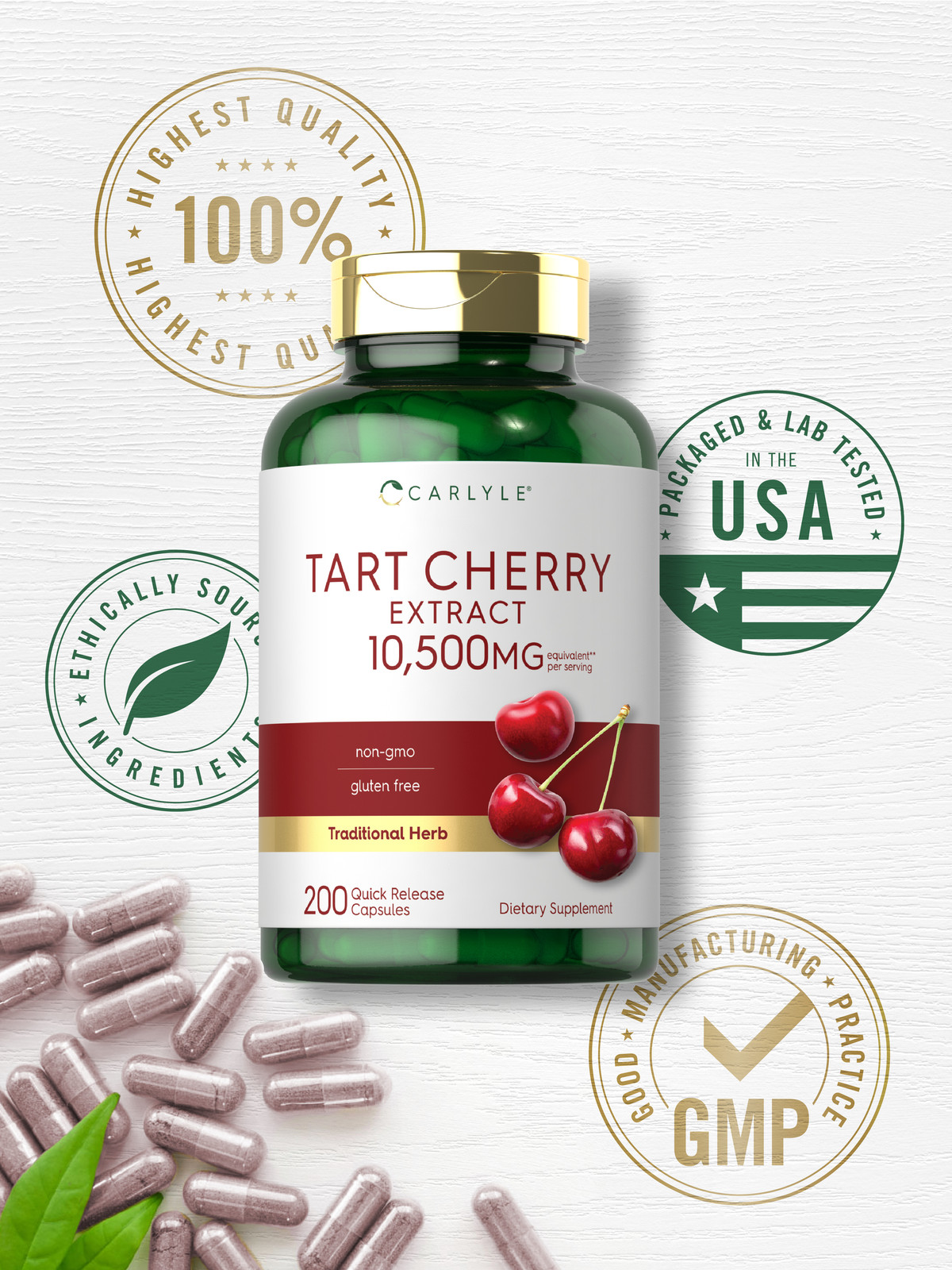 Tart Cherry Capsules 10,500mg | 200 Pills | Max Potency Extract | by Carlyle